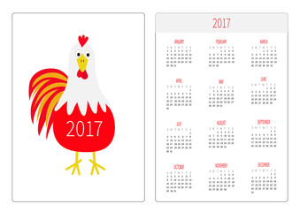 Pocket calendar 2017. Week starts Sunday. Flat design Vertical orientation Template. Red Rooster Cock bird. New Year symbol Chinese. Cute cartoon character. Farm animal White background.