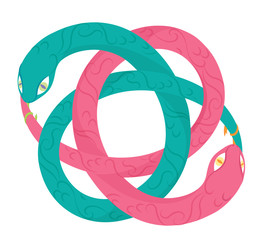 Two colored snakes eating themselves represents the infinity. Vector image.