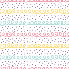 Memphis seamless pattern design with curly lines and dots