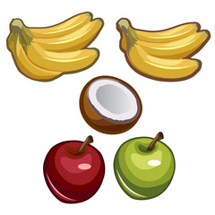 Bananas, coconut and apples on white background