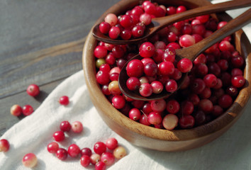 Fresh red forest cranberry in a round bowl with a wooden spoons on white linen fabric on a table surface. Autumn harvest of wild berries