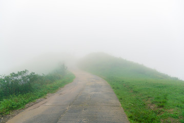 Fototapeta na wymiar Road in fog on top mountaion