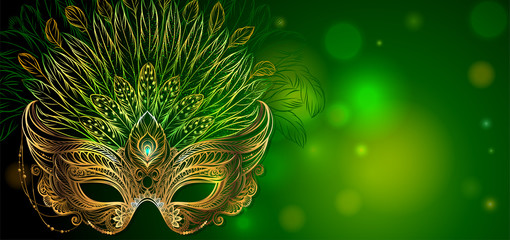 Vector Illustration. Golden carnival mask with feathers. Beautiful concept design for greeting card, party invitation, banner or flyer.