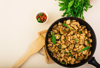 Stir fry chicken with broccoli. Top view