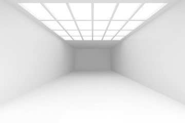 Interior with white wall into which falls the light from window ceiling. Background illustration 3d rendering.