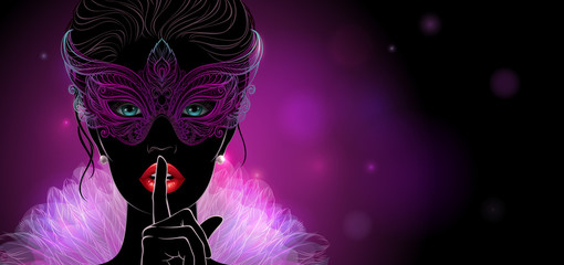 Vector Illustration. A silhouette of mysterious lady in carnival mask, she put a finger on lips in a hush gesture. Beautiful concept design for greeting card, party invitation, banner or flyer.