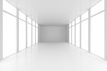 Interior with white wall into which falls the light from window ceiling. Background illustration 3d rendering.