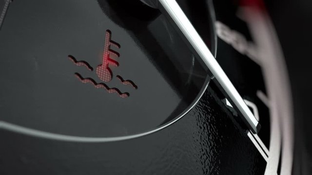 A 3D render of an extreme closeup of a blinking high temperature dashboard light on a car dashboard panel background