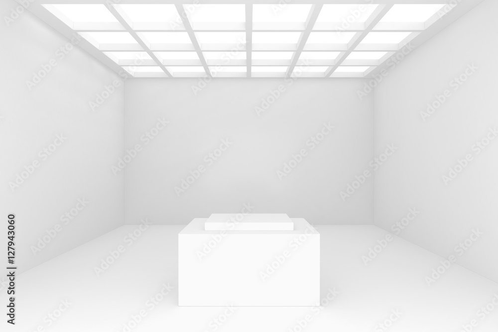 Poster white room interior in minimal style with empty wall background and box front. 3d rendering