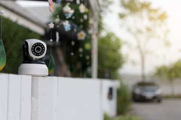The CCTV security camera operating in home.