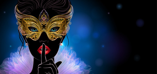Vector Illustration. A silhouette of mysterious lady in carnival mask, she put a finger on lips in a hush gesture. Beautiful concept design for greeting card, party invitation, banner or flyer.