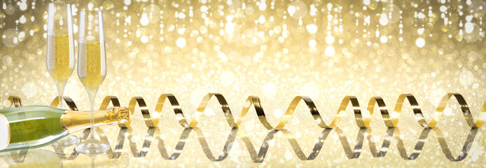 Toast champagne, new year, golden background, golden ribbon