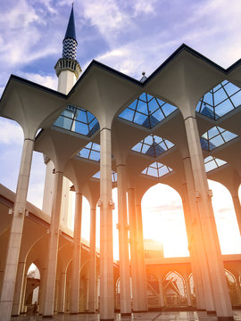 Minarets of Sultan Salahuddin Abdul Aziz Mosque, Shah Alam, Selangor, Malaysia - Evening sunlight through the mosque