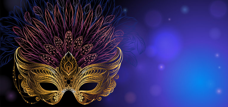 Vector Illustration. Golden carnival mask with feathers. Beautiful concept design for greeting card, party invitation, banner or flyer.