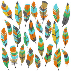 Vector Set of Ethnic feathers. Hand Drawn Tribal Feathers. Decorative zentangle feathers. Vintage colored Feathers.