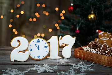 Christmas homemade gingerbread cookies on table, new year 2017