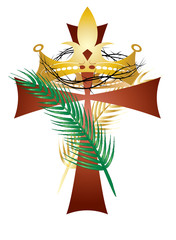 Obraz premium Jesus Christ the King of Universe- religious illustration with a cross, crown, and palm branches