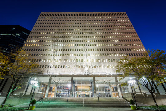 The George H. Fallon Federal Building at night, in Baltimore, Ma