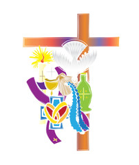 Symbols of the seven sacraments of the Catholic Church. Abstract artistic modern color vector religious illustration.