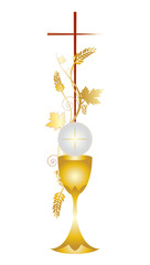 Eucharist symbols of bread and wine, chalice and host with wheat ears and vine. FIrst communion christian color vector illustration.