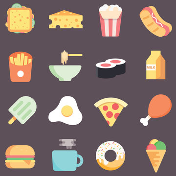 Flat designed food icon set 16 in 1 vector