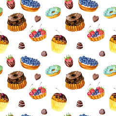 seamless pattern with watercolor cakes