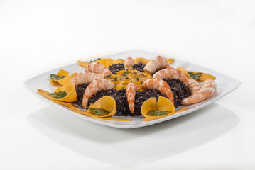 riso venere con gamberetti e crema di zucca