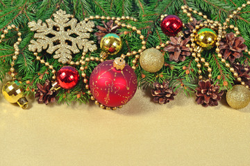 Christmas decorations and spruce branch and cones