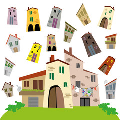 Old style houses set: different residences, tall and small, for small towns and rural villages. Vector image, isolated on white background.