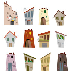 Old style houses set: different residences, tall and small, for small towns and rural villages. Vector image, isolated on white background.