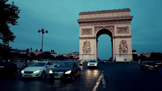 Triumphal arch. Paris. France. View Place Charles de Gaulle. Famous touristic architecture landmark in summer day. Napoleon victory monument. Symbol of french glory. World historical heritage. Toned