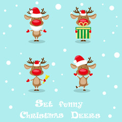 Set funny Santa's deers, christmas bells and gift box isolated on blue background. Design elements for decoration holiday poster, banner, flyer, greeting card. Cartoon style. Vector illustration