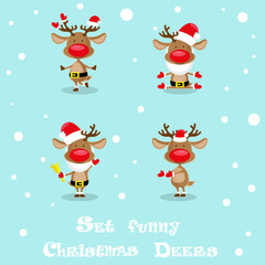 Set funny Santa's deers, christmas bells and gift box isolated on blue background. Design elements for decoration holiday poster, banner, flyer, greeting card. Cartoon style. Vector illustration