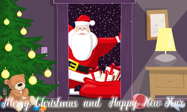Merry Christmas and Happy New Year background. Cute Santa Claus with bag gift boxes enter inside kids room in door. Concept design holiday poster, banner, flyer, greeting cards. Cartoon style. Vector