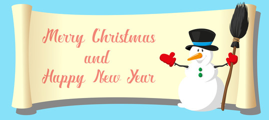 Fototapeta na wymiar Merry Christmas and Happy New Year banner. Snowman on paper roll backdrop, isolated on blue background. Concept design for poster, flyer, invitation. Cartoon style. Vector illustration
