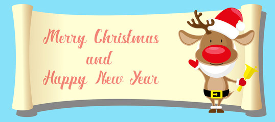 Fototapeta na wymiar Merry Christmas and Happy New Year banner. Reindeer on paper roll backdrop, isolated on blue background. Concept design for poster, flyer, invitation. Cartoon style. Vector illustration
