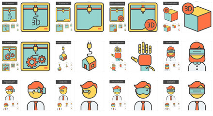 Virtual reality and 3D technology line icon set.