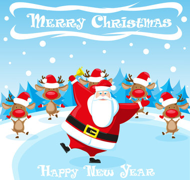 Merry Christmas and Happy New Year landscape. Santa Claus and team reindeers dancing outdoor on christmas trees background. Concept design poster, banner, flyer, greeting card. Vector. Cartoon style