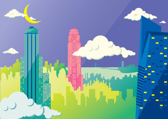 New York flat illustration: the Empire State Building and the skyscrapers of Manhattan skyline. Vector colorful image, pastel colors