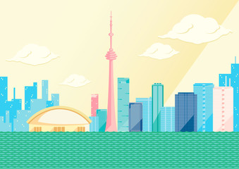 Toronto skyline by day, flat vector illustration. On the seaside, some of the tallest skyscrapers in the Canadian city: CN tower, first Canadian Place, the skydome. Clouds and long shadow, yellow sky