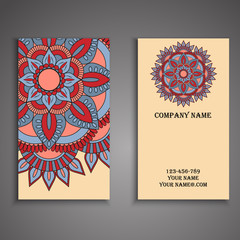 Vector business card. Floral mandala pattern and ornaments. Orie