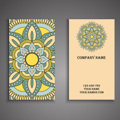 Vector business card. Floral mandala pattern and ornaments. Orie