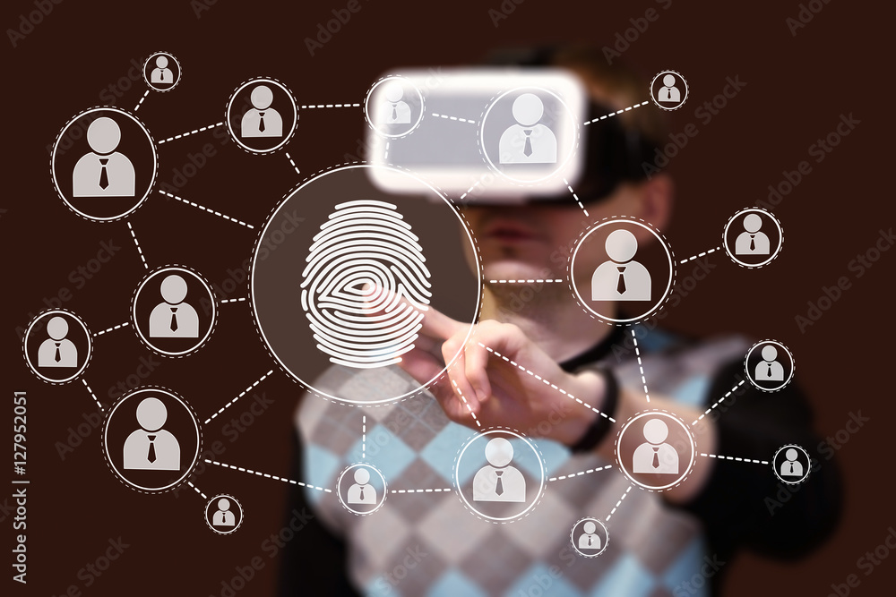 Poster businessman touch button fingerprint print in virtual reality device vr