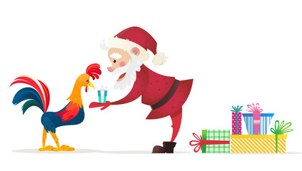 Santa Claus gives presents rooster. Christmas vector illustration. The symbol of the new year 2017. Cartoon characters.
