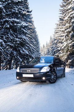 Black car on a background of a winter landscape