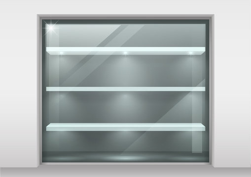 Glass storefront with shelves for products. Glass with transparency effect. Vector graphics