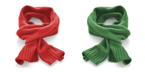 Red and green warm scarves on a white background.