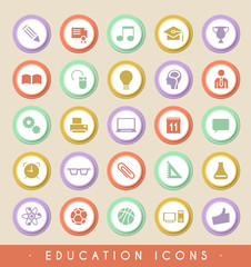 Set of Education Icons on Circular Colored Buttons. Vector Isolated Elements.
