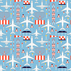 seamless pattern with passenger airplanes and aerodrome faciliti