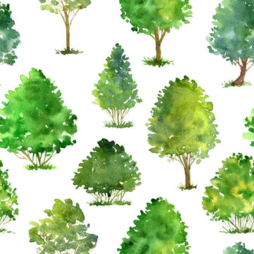 seamless pattern with watercolor drawing trees